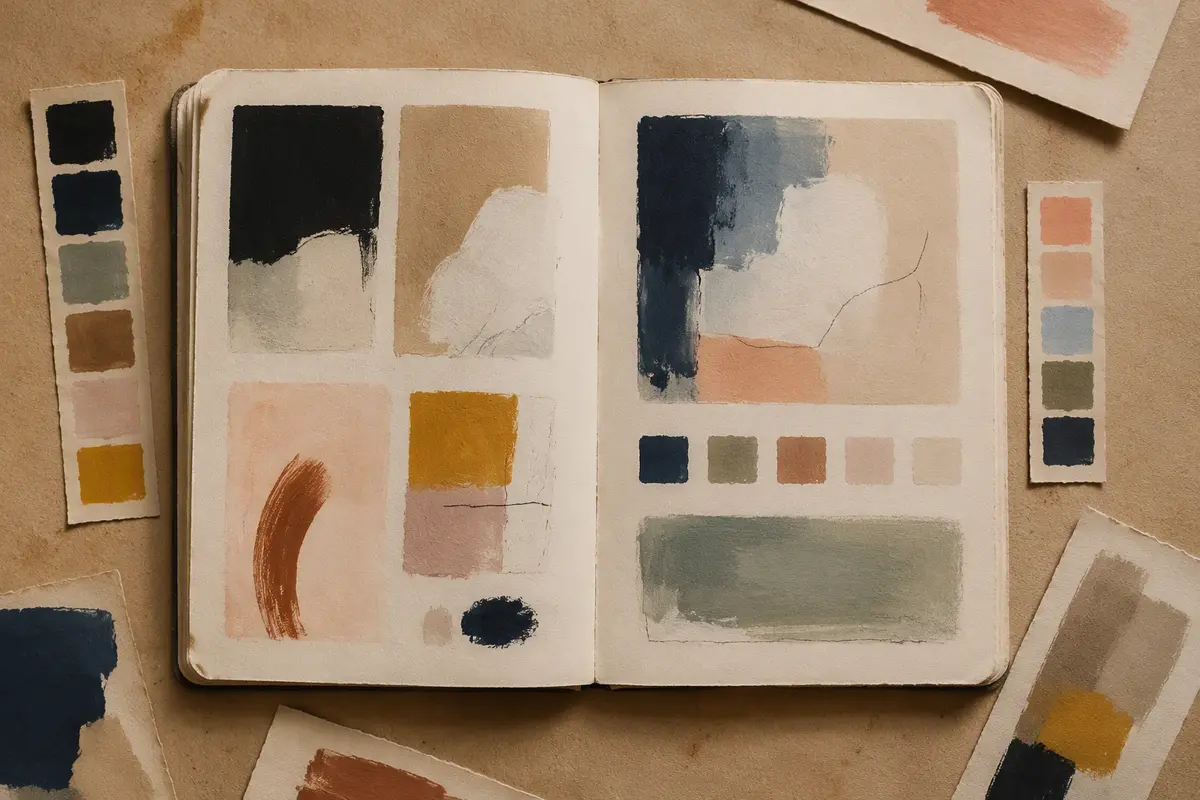 Open artist notebook with abstract paint studies and palette strips on a warm paper desk.